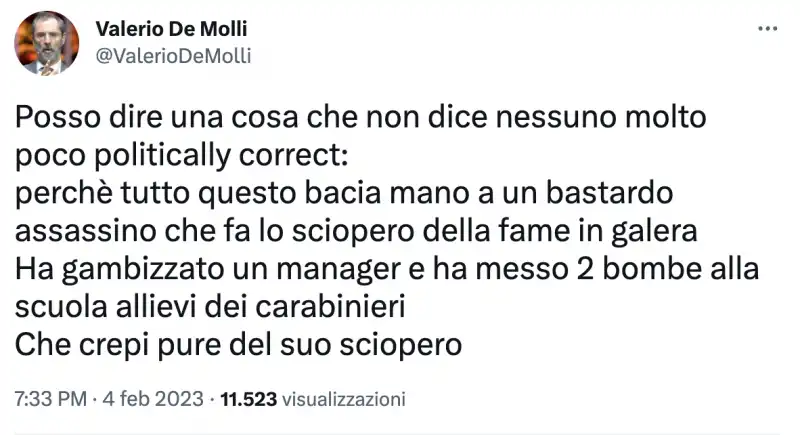 tweet di valerio de molli su alfredo cospito