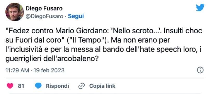 TWEET DIEGO FUSARO SUL CASO FEDEZ - GIORDANO