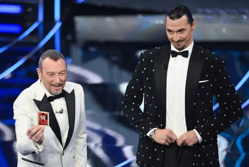 amadeus e zlatan ibrahimovic    prima serata sanremo 2024   