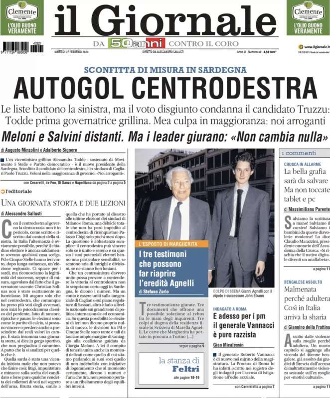 AUTOGOL CENTRODESTRA - PRIMA PAGINA IL GIORNALE 27 FEBBRAIO 2024