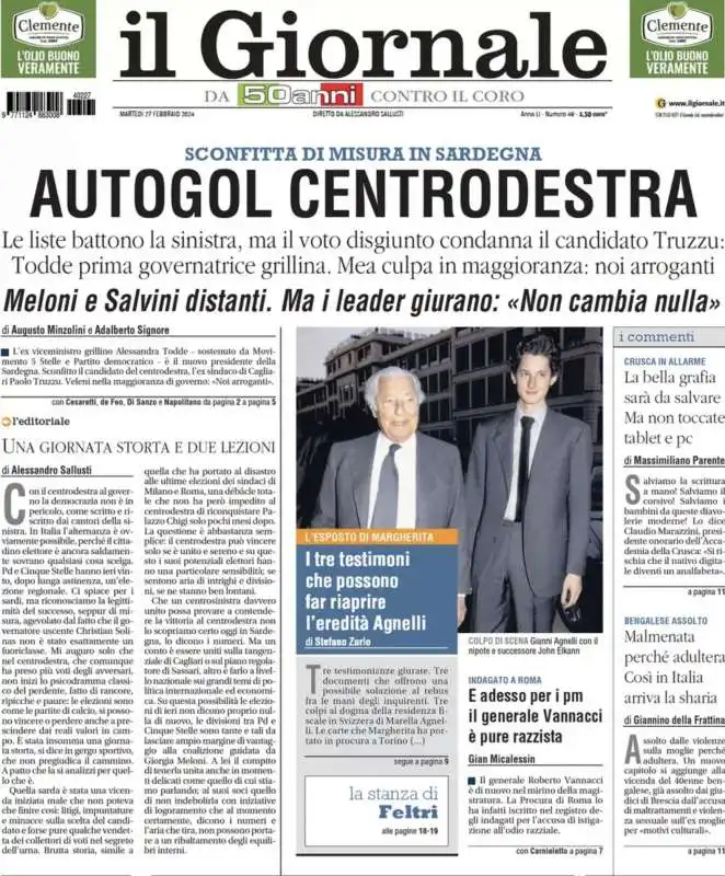 AUTOGOL CENTRODESTRA - PRIMA PAGINA IL GIORNALE 27 FEBBRAIO 2024