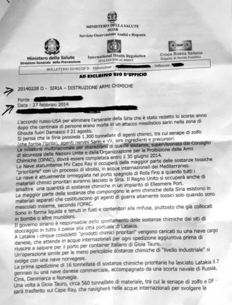 DOCUMENTO MINISTERO DELLA SALUTE SU ARMI CHIMICHE SIRIANE 