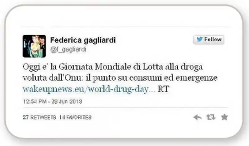 TWEET DI FEDERICA GAGLIARDI CONTRO LA DROGA GIUGNO 