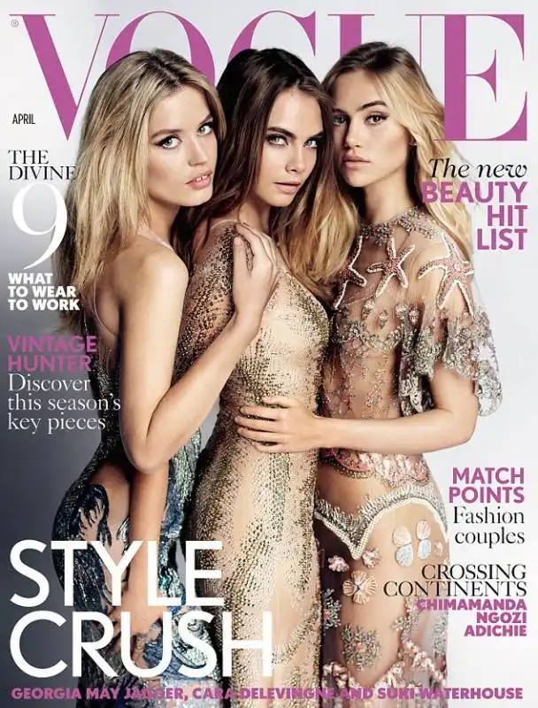 Suki Waterhouse, left, Cara Delevingne, centre, and Georgia May Jagger  