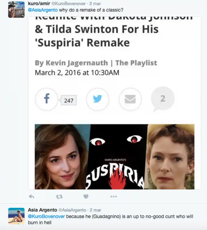 asia argento su luca guadagnino e suspiria  