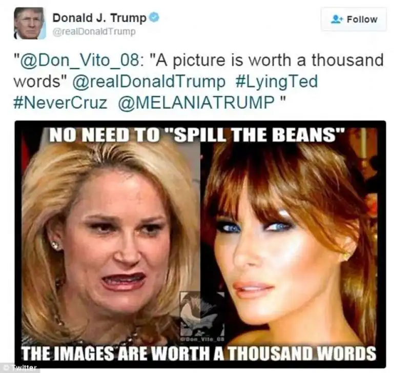 donald trump ritwitta foto con moglie di ted cruz cozza e melania bona