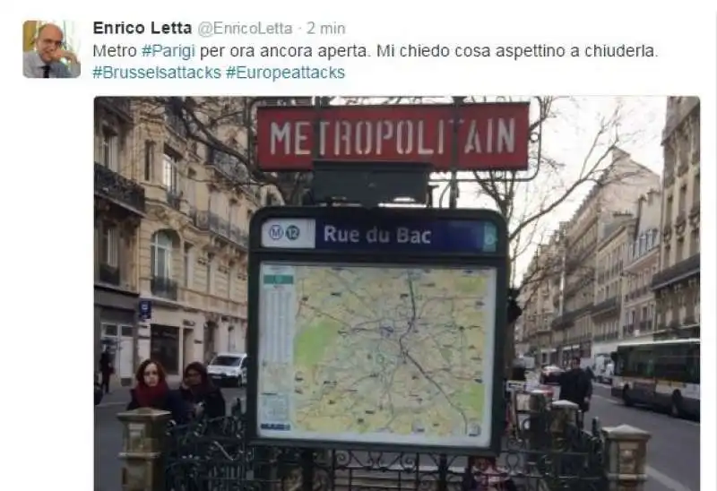 IL TWEET DI ENRICO LETTA SULLA METRO DI BRUXELLES