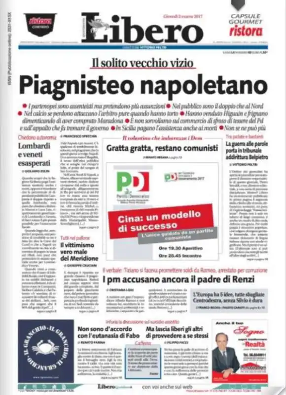 LA PRIMA PAGINA DI LIBERO SU NAPOLI E I NAPOLETANI