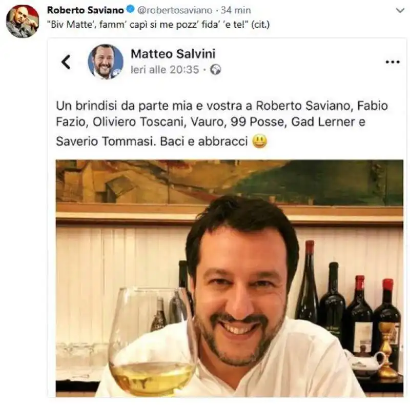 IL COMMENTO DI SAVIANO AL POST DI SALVINI