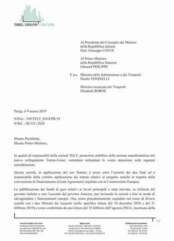 TAV - LA LETTERA DI TELT AL GOVERNO