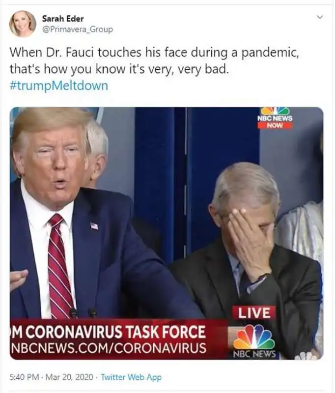 anthony fauci si tocca la faccia mentre trump parla del coronavirus