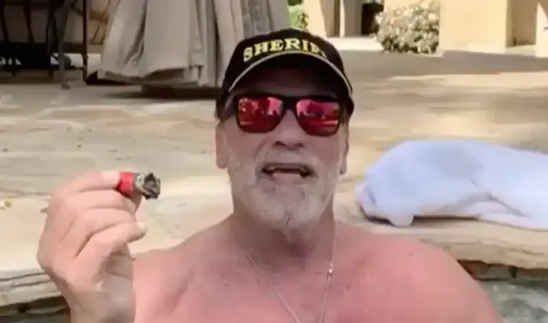 appello di arnold schwarzenegger a stare a casa dalla piscina