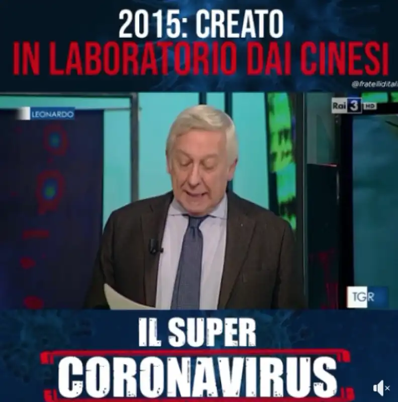 IL VIDEO DEL TGR LEONARDO SUL VIRUS CREATO IN LABORATORIO SULLA PAGINA FB DI GIORGIA MELONI