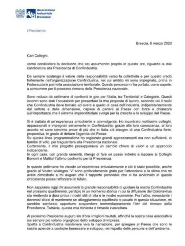 LA LETTERA CON CUI GIUSEPPE PASINI SI RITIRA DALLA CORSA ALLA PRESIDENZA DI CONFINDUSTRIA