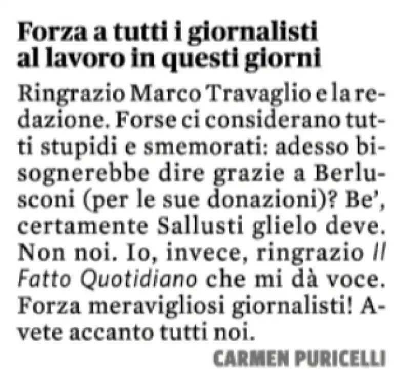 LA LETTERA DI CARMEN PURICELLI AL FATTO CONTRO BERLUSCONI