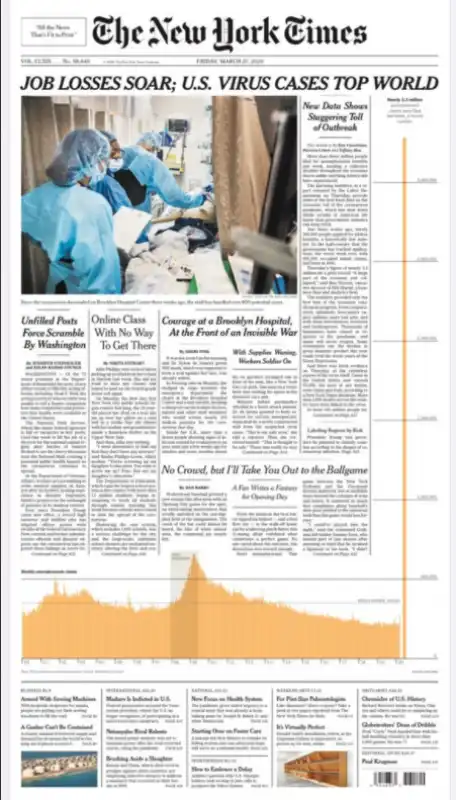 la prima pagina del new york times del 27 marzo 2020 – richieste di disoccupazione a causa del coronavirus