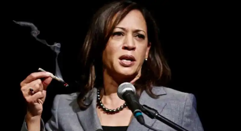 fotomontaggio di kamala harris che fuma uno spinello 