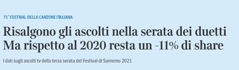 GLI ASCOLTI DELLA TERZA SERATA DI SANREMO SECONDO IL CORRIERE