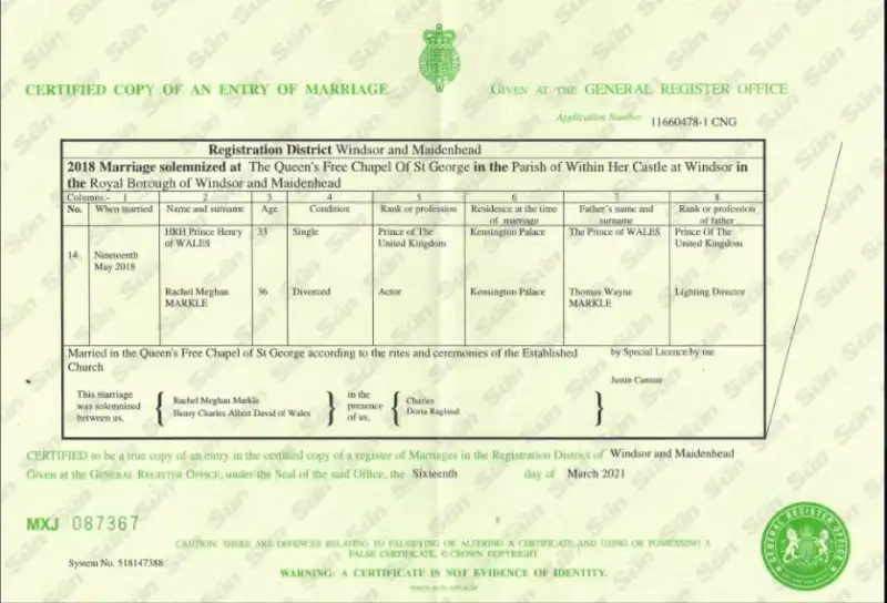 il certificato di matrimonio di harry e meghan markle