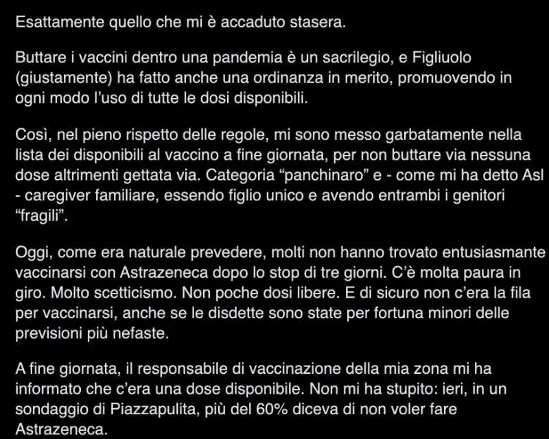 IL POST DI ANDREA SCANZI SUL VACCINO PRIMA DELLE MODIFICHE