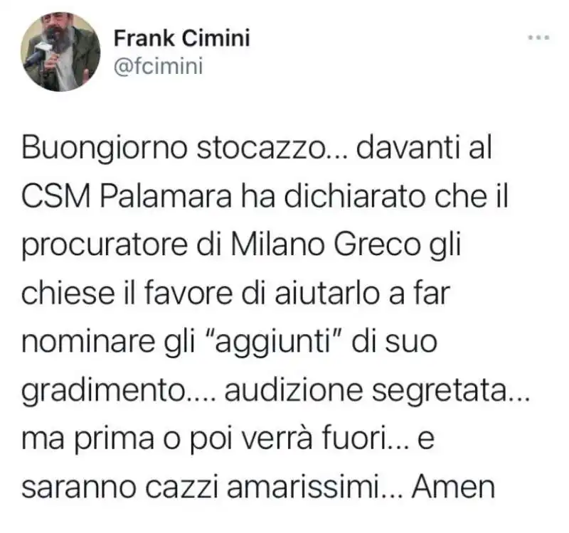 IL TWEET DI FRANK CIMINI SULL AUDIZIONE DI PALAMARA AL CSM