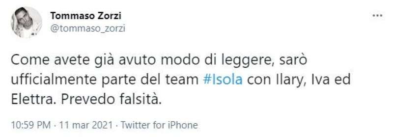 il tweet di tommaso zorzi sull'isola dei famosi