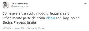 il tweet di tommaso zorzi sull'isola dei famosi