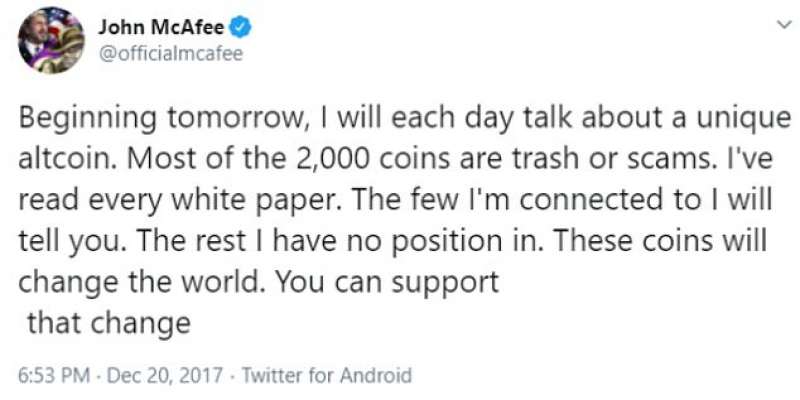 john mcafee promuove criptovalute su twitter