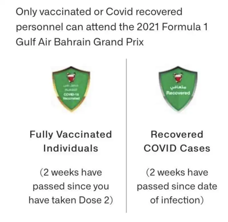 L AVVISO SUL SITO DEL GP DEL BAHREIN SUL PUBBLICO - SOLO VACCINATI