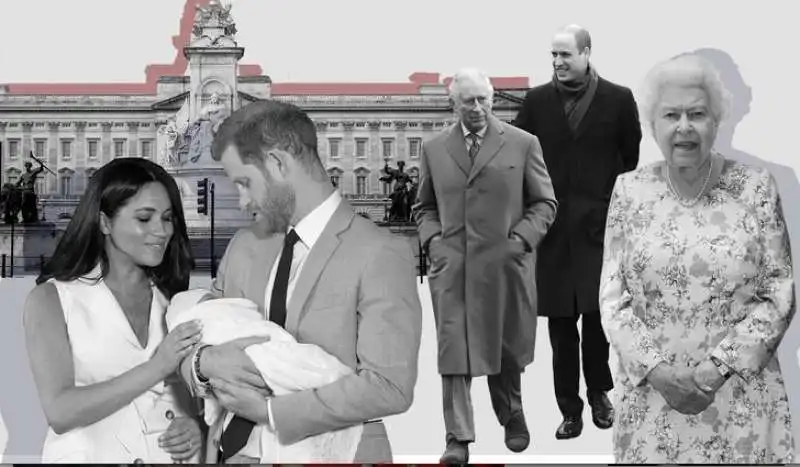 meghan markle, principe harry, la regina elisabetta, carlo e william