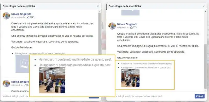 modifiche al post facebook di zingaretti su mattarella vaccinato