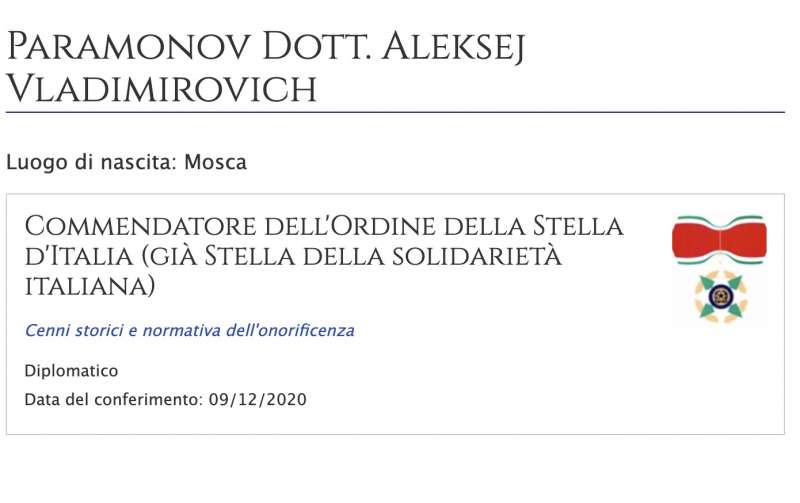 ALEXEI PARAMONOV - COMMENDATORE DELL'ORDINE DELLA STELLA D'ITALIA