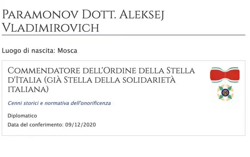 ALEXEI PARAMONOV - COMMENDATORE DELL'ORDINE DELLA STELLA D'ITALIA