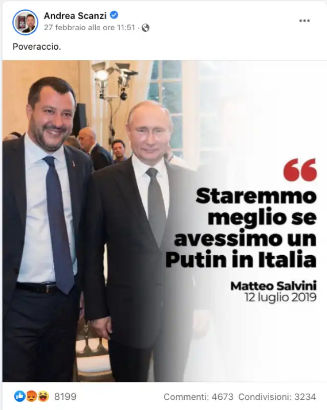 ANDREA SCANZI PUBBLICA UNA FOTO DI SALVINI E PUTIN MA TAGLIA DALL IMMAGINE CONTE E DI MAIO