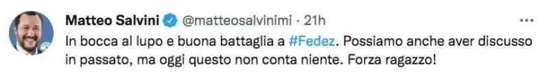 il tweet di matteo salvini a sostegno di fedez