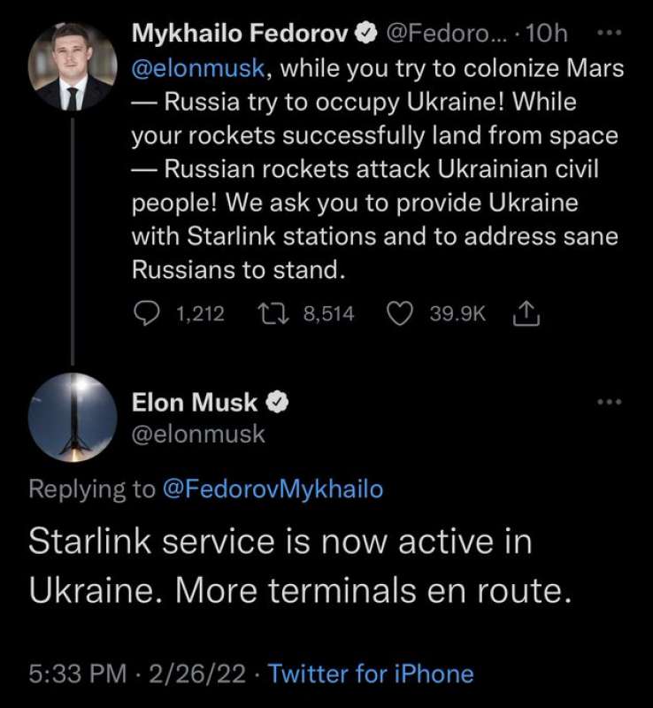 il tweet di MYKHAILO FEDOROV a elon musk