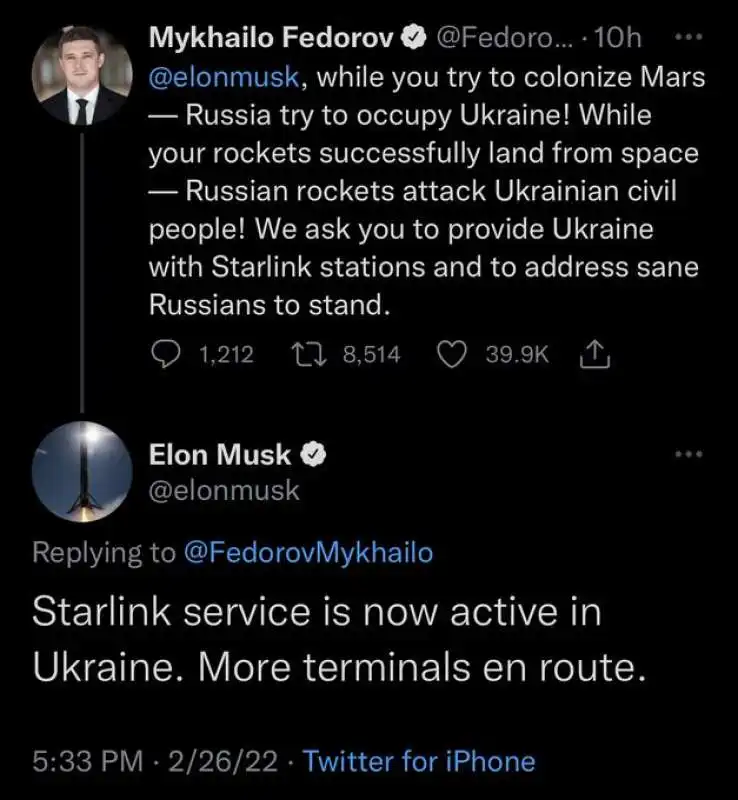 il tweet di MYKHAILO FEDOROV a elon musk  