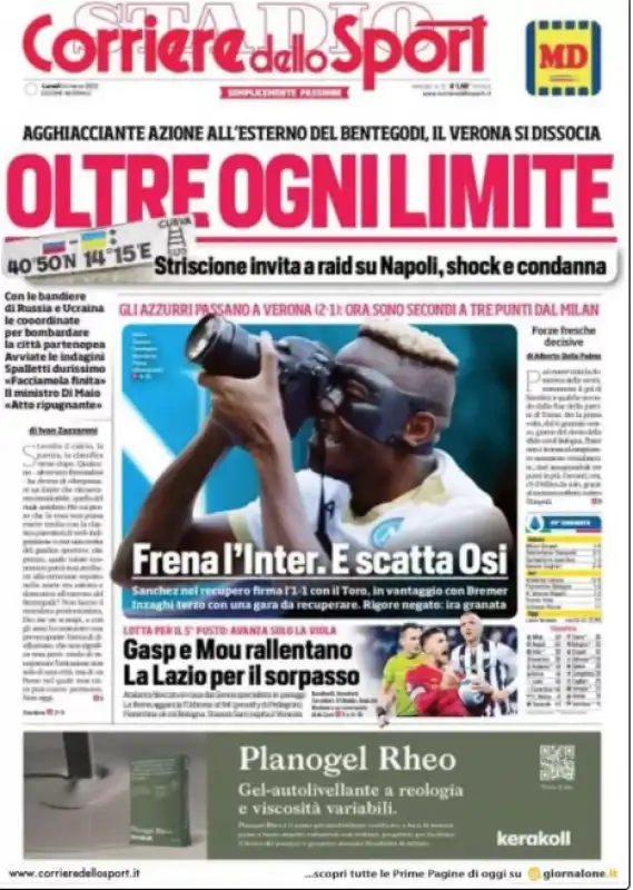 LA PRIMA PAGINA DEL CORRIERE DELLO SPORT