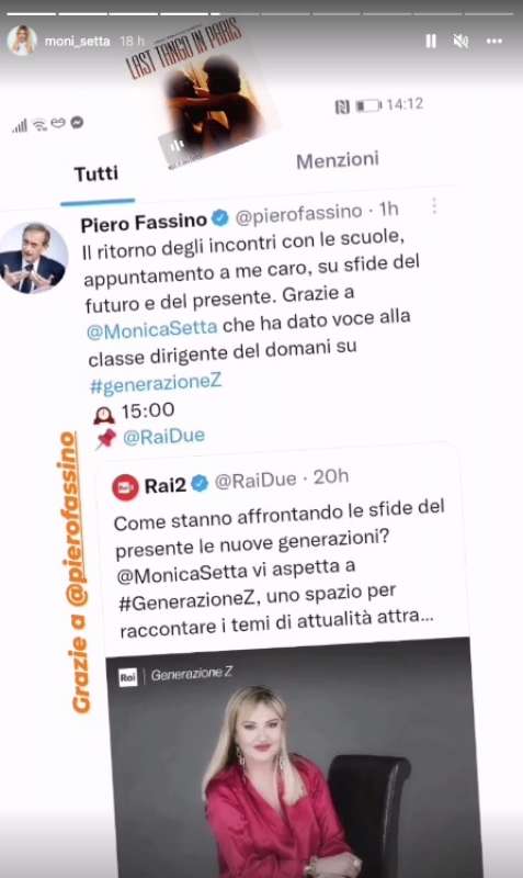 la story di monica setta con il tweet di fassino e la musica di ultimo tango a parigi