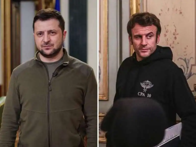 MACRON IMITA IL LOOK DI ZELENSKY 