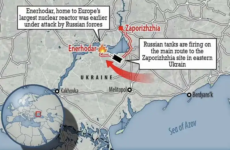 mappa   attacco russo alla  centrale nucleare di zaporizhzhia 3