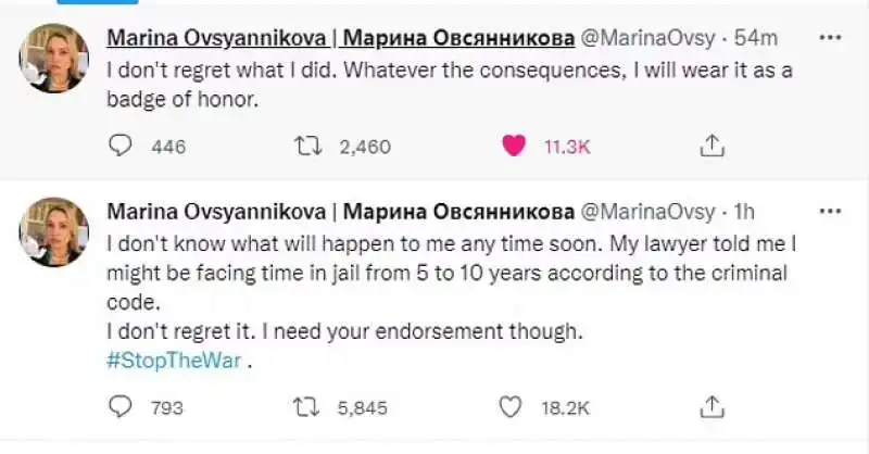 Tweet di Marina Ovsiannikova