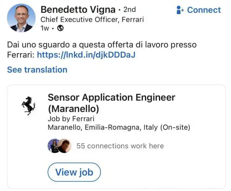 annuncio di ferrari su linkedin   