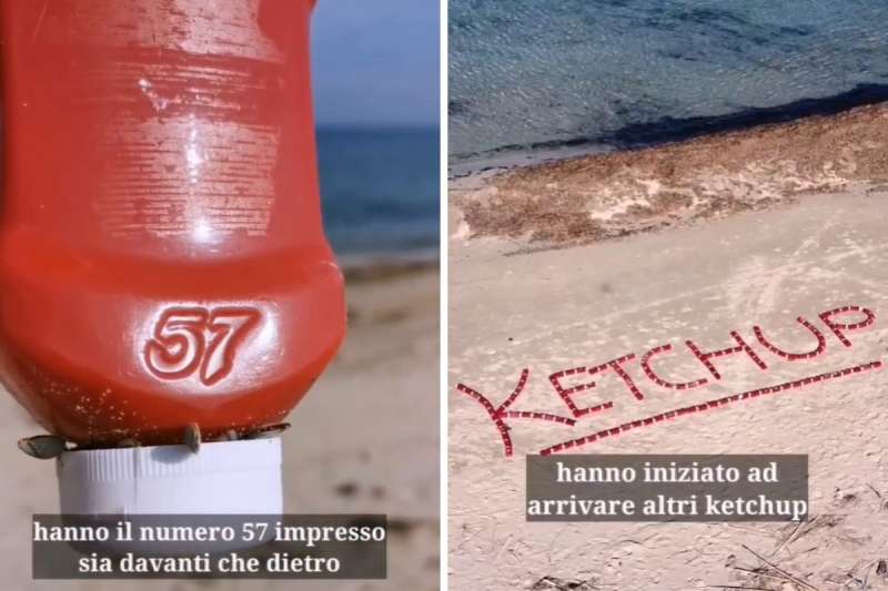 BOTTIGLIE DI KETCHUP TROVATE IN SPIAGGIA