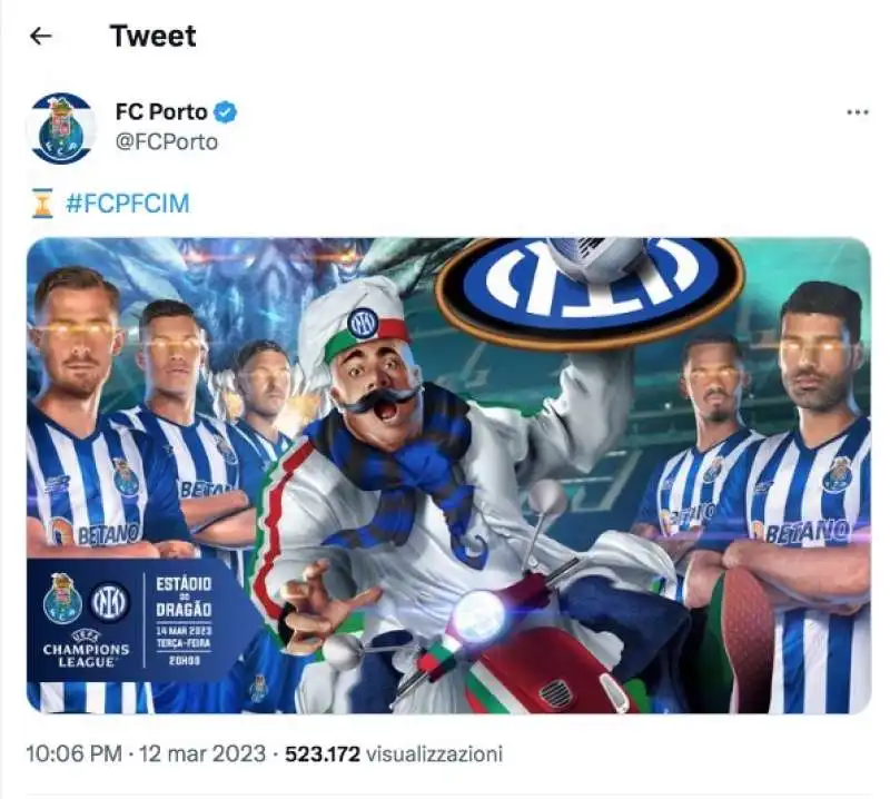 il tweet del porto per la partita di champions contro l'inter