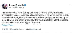 il tweet di donald trump jr sulla strage di nashville