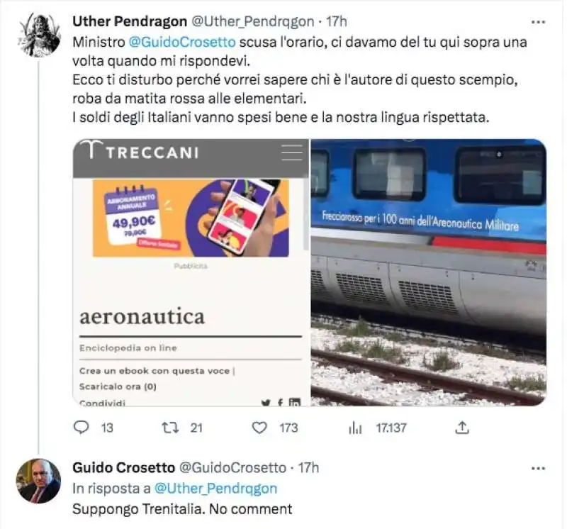 il tweet di guido crosetto sul frecciarossa con la scritta sbagliata sull'aeronautica 