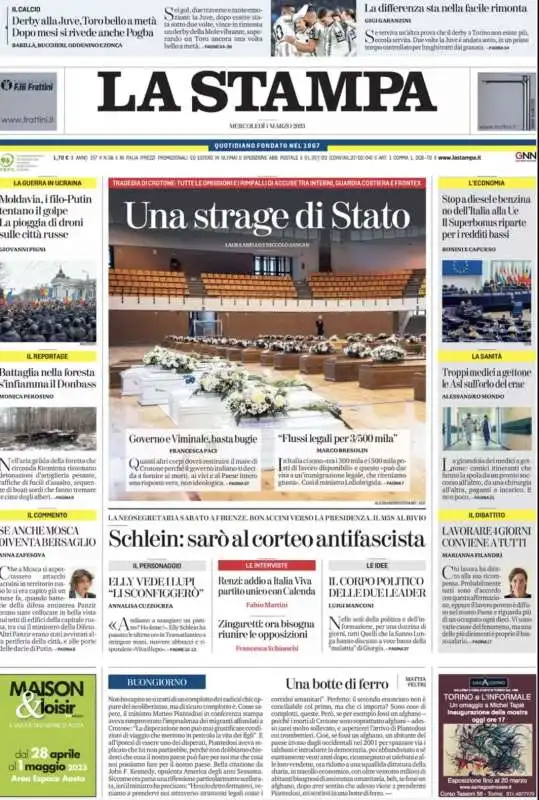 PRIMA PAGINA LA STAMPA - 1 MARZO 2023