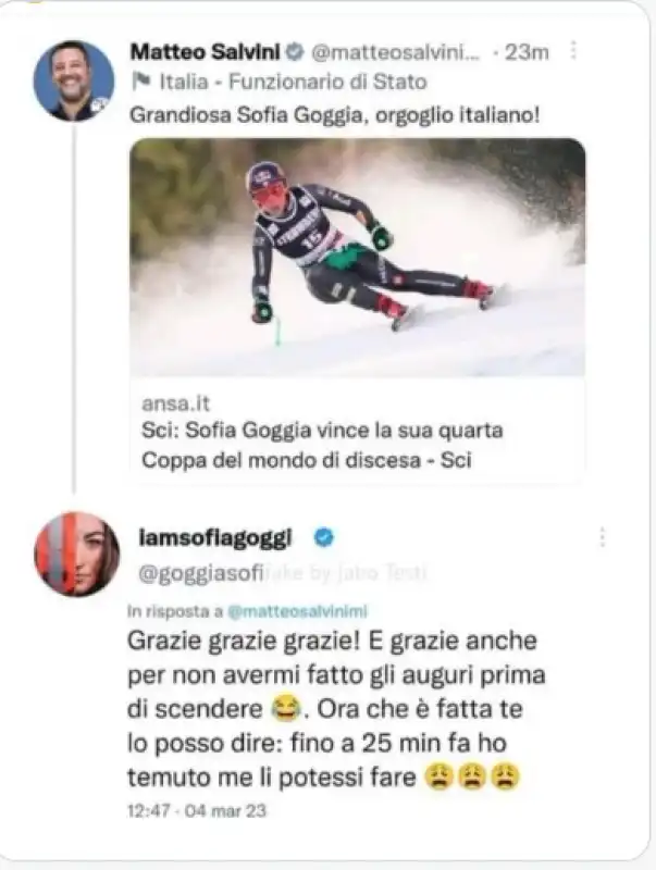 salvini goggia botta e risposta su twitter