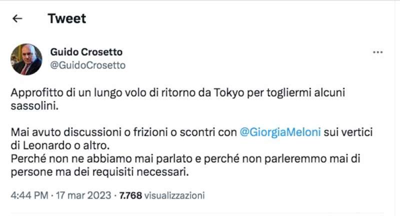 tweet di guido crosetto sulle nomine a Leonardo